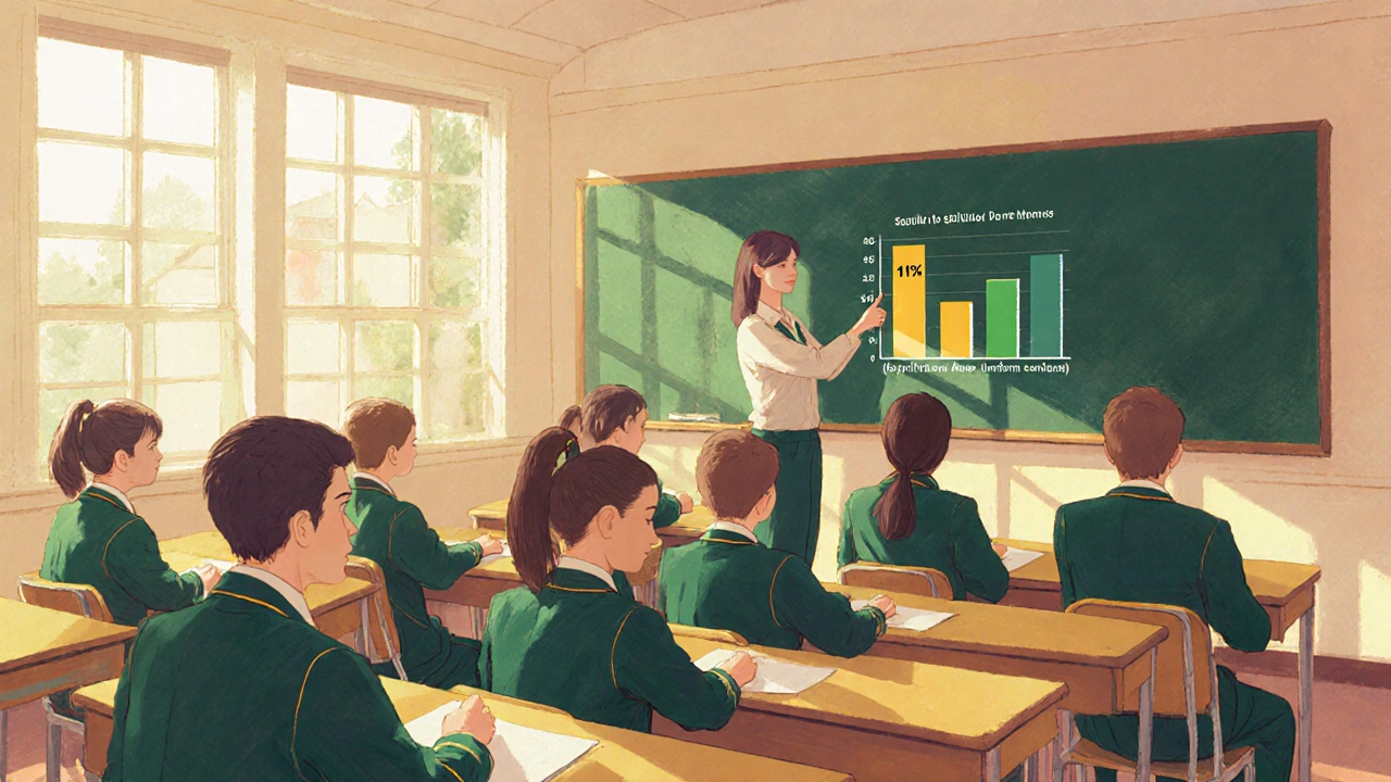 Classroom with uniformed pupils listening to a teacher beside a behavioural chart.
