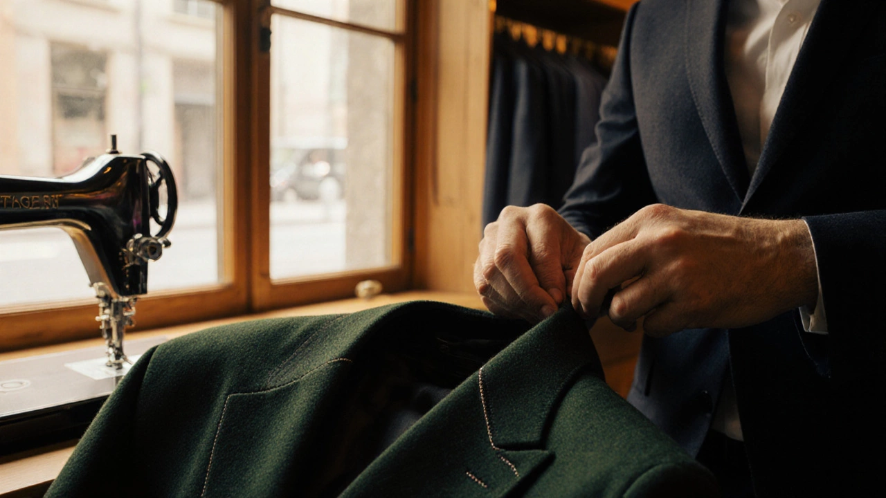 Close‑up of a tailor hand‑stitching a lapel roll on a deep‑green wool suit.