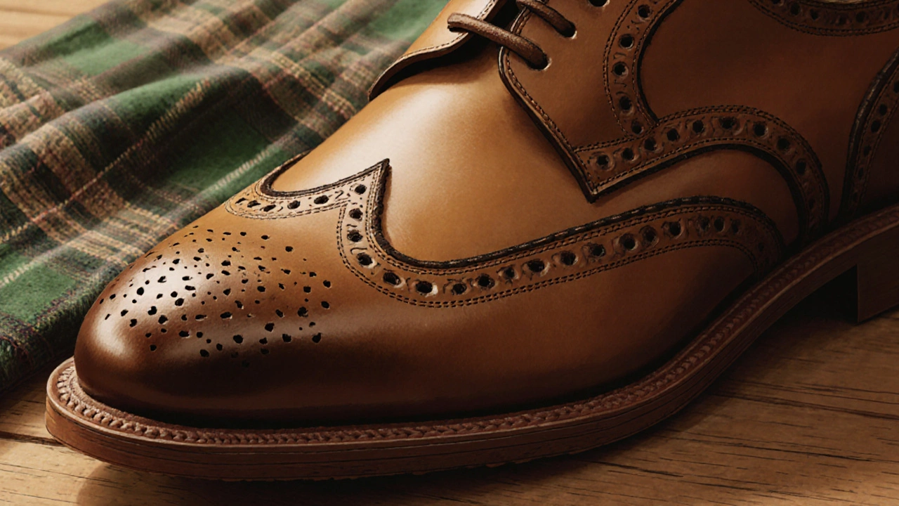 Close‑up of an Irish brogue with Celtic‑knot embroidery and detailed perforations on a wooden table.