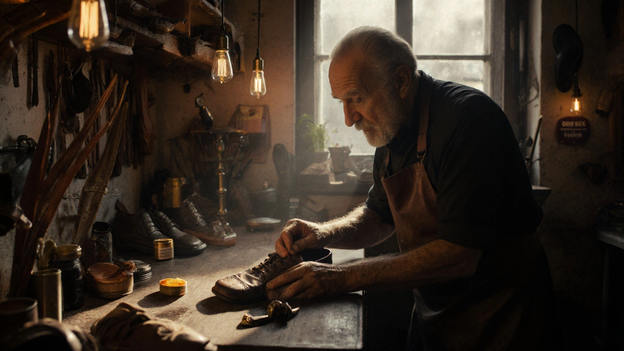 Cobbler polishing a leather shoe in a cozy Dublin repair shop with tools and warm lighting.
