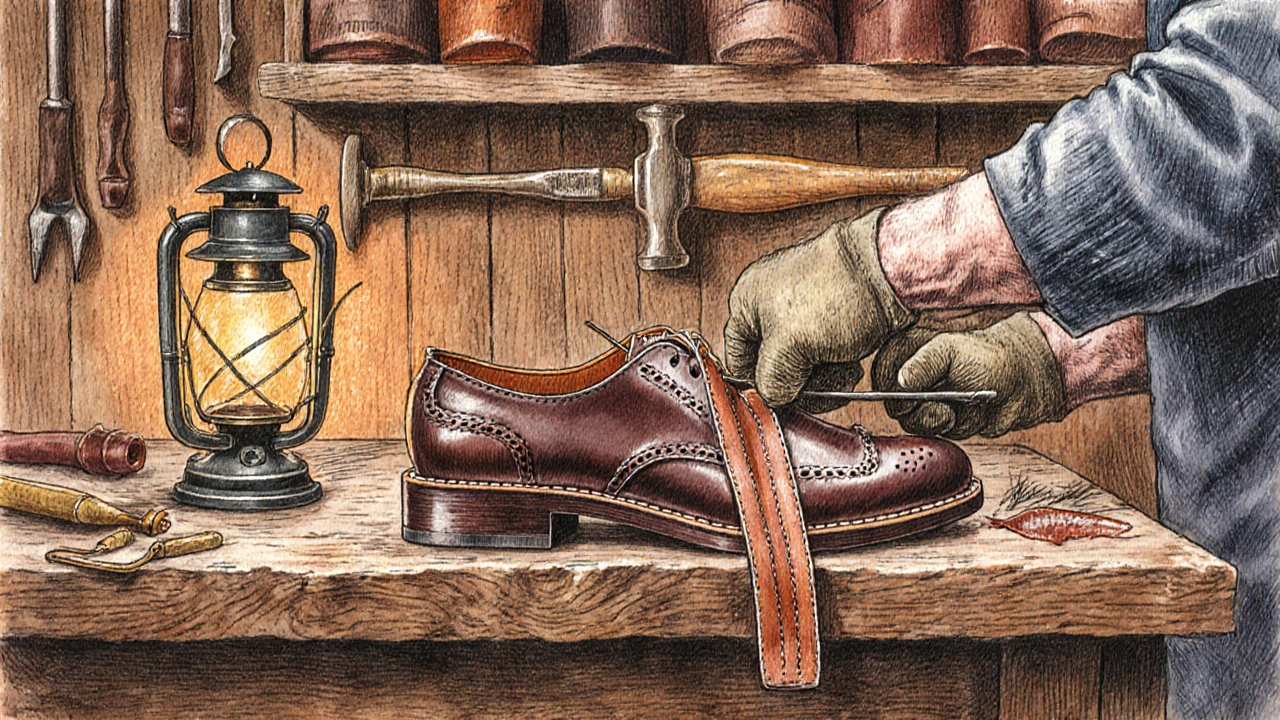 Cobbler’s hands stitching a Goodyear‑welted shoe in a traditional Irish workshop.
