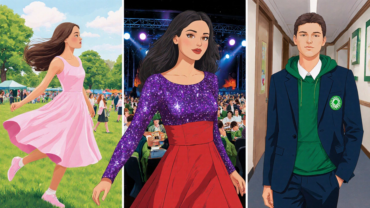 Collage of Irish girls wearing pink, purple, red, blue, and green clothes in local settings.