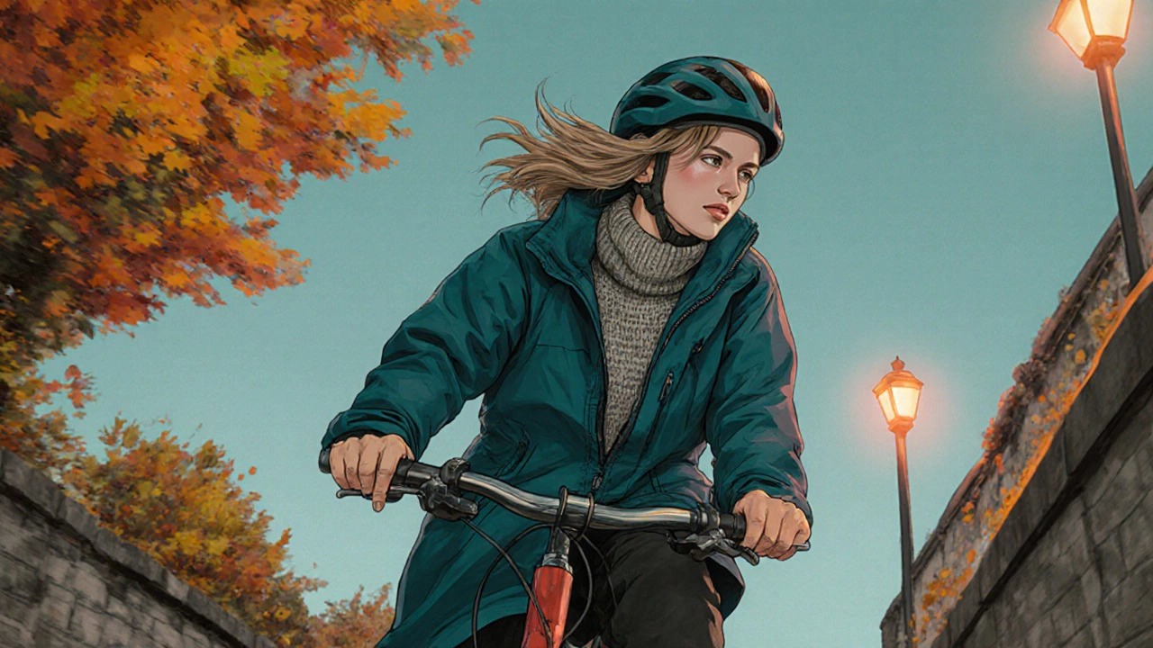 Cyclist on a steep Kilkenny lane wearing a roomy coat over an Aran sweater, leaves swirling.