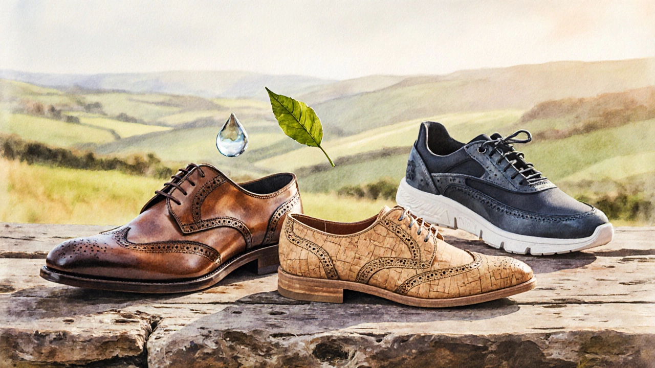 Display of leather, cork, and synthetic shoes on a wooden table with Irish countryside backdrop.