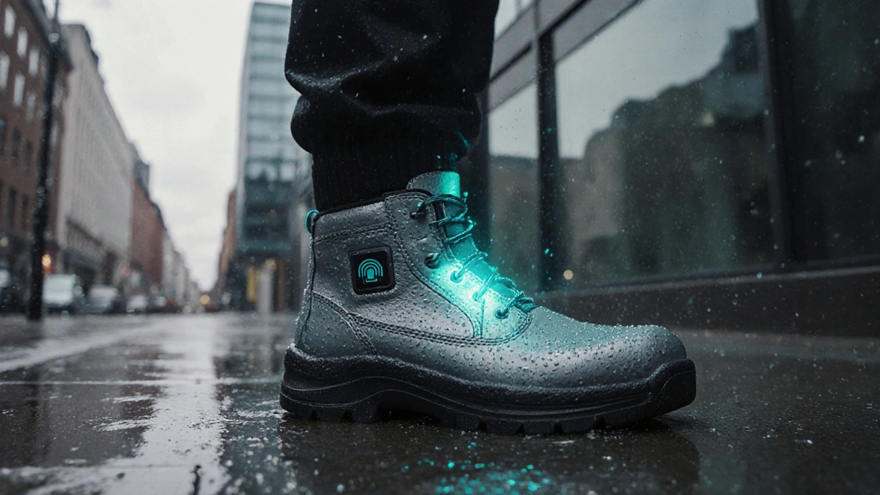 Eco‑friendly smart safety boots on a wet Dublin sidewalk with subtle tech graphics.