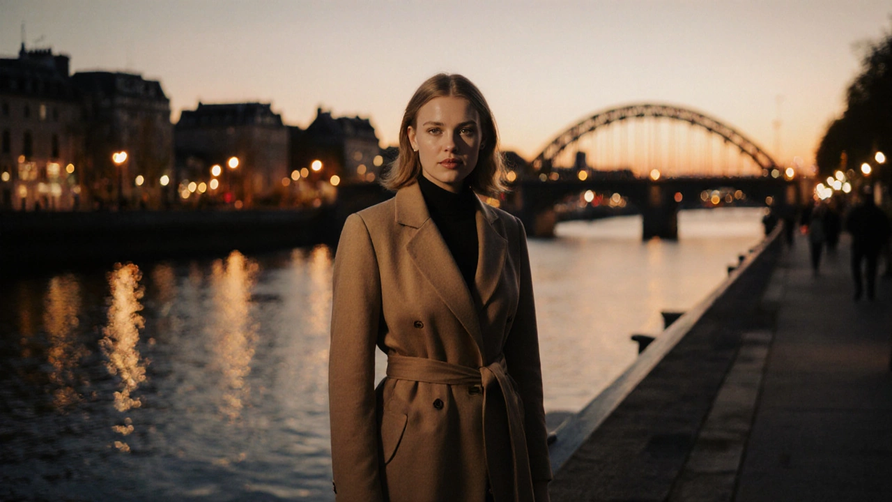 Evening portrait by the River Liffey of a person in a tailored coat with city lights reflected on water.