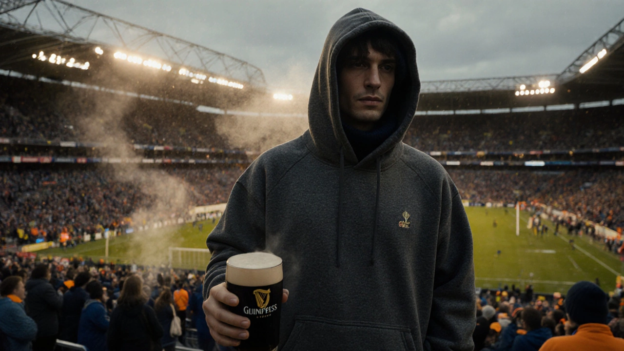 Fan wearing a charcoal baggy hoodie with hood up at a dusk GAA stadium, holding a pint.