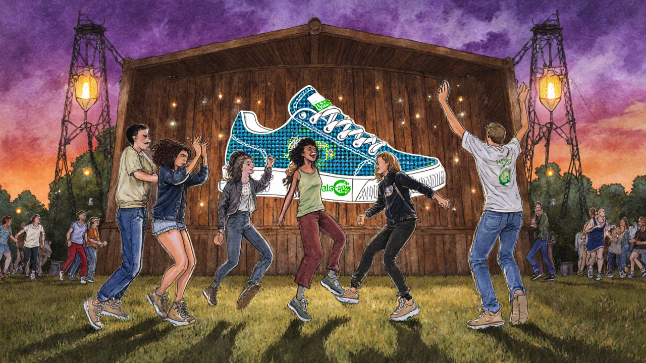 Festival crowd at Electric Picnic wearing sustainable sneakers, with a mural of a digital‑style sneaker.