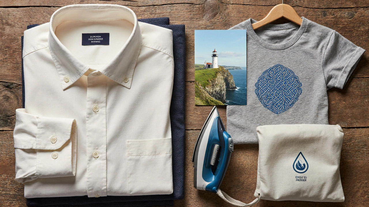 Flat lay comparing a collared shirt and T‑shirt with care accessories on a wooden table.