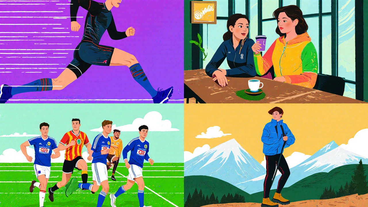 Four scenes showing performance gear, athleisure, GAA kit, and outdoor apparel.