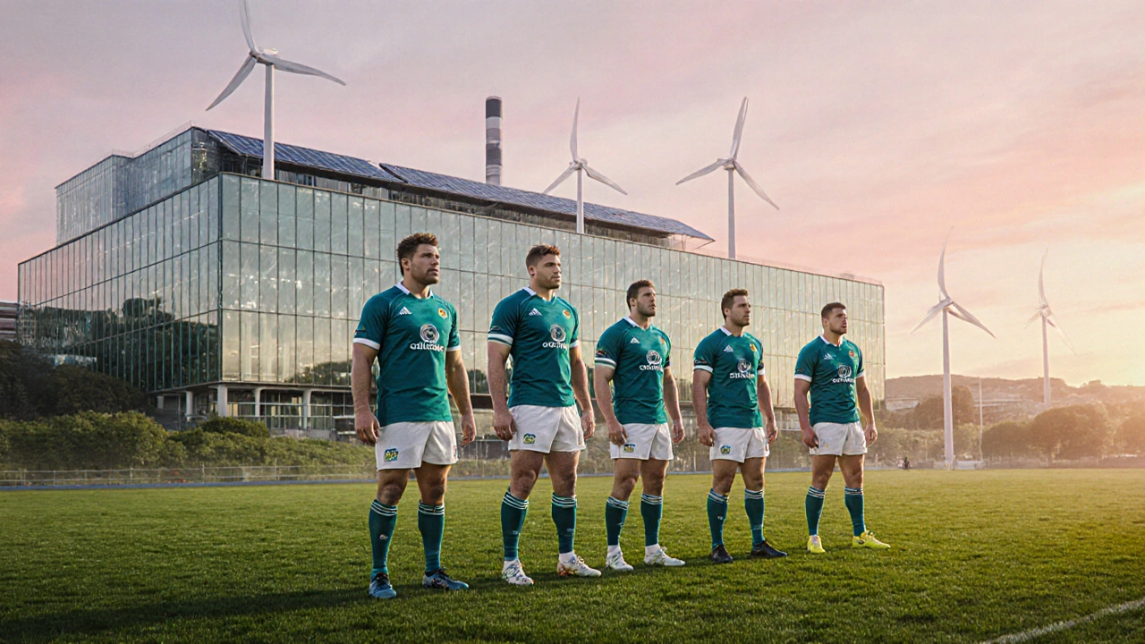 Futuristic Belfast facility showing recycled‑material Adidas rugby kits.