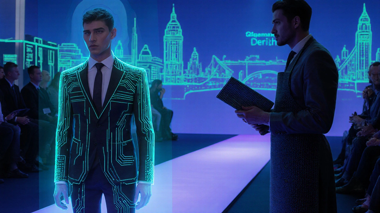 Futuristic runway scene with a model in a tech‑enhanced Irish suit and a 3D body scan.