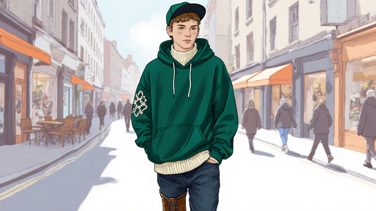 Illustrated Irish youth in a green baggy hoodie layered with an Aran sweater on Grafton Street.