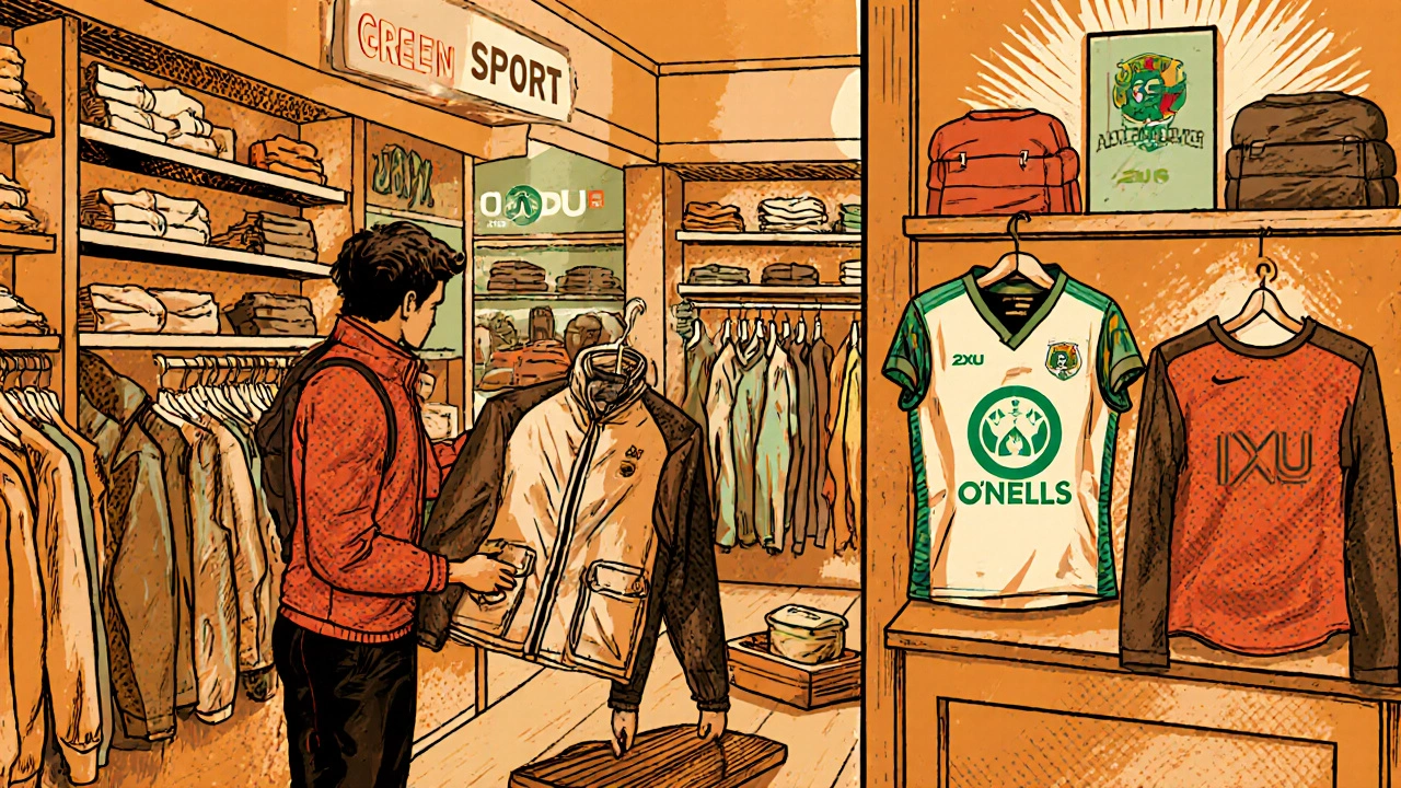 Inside Irish boutique displaying local sportswear brands and a shopper examining a jacket.