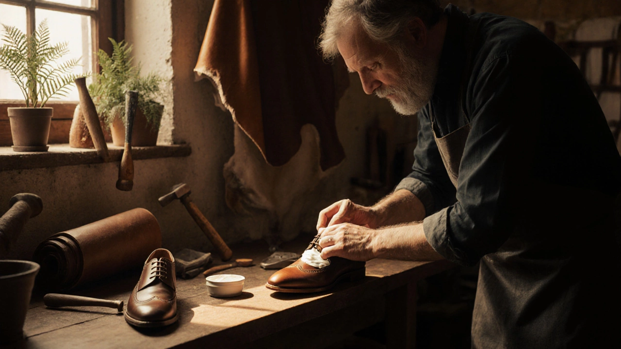 Irish cobbler conditioning a pair of real leather shoes in a warm workshop.