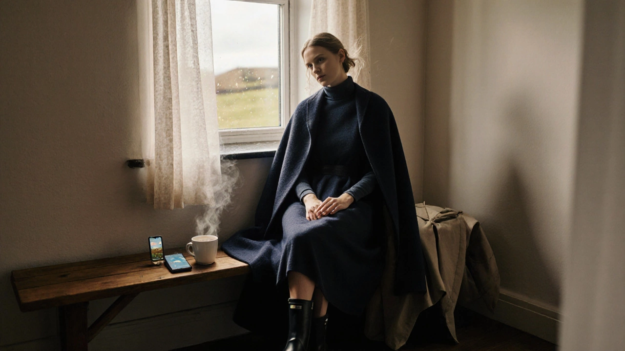 Layered Irish evening outfit on bench with boots, cape, and weather app showing rain.
