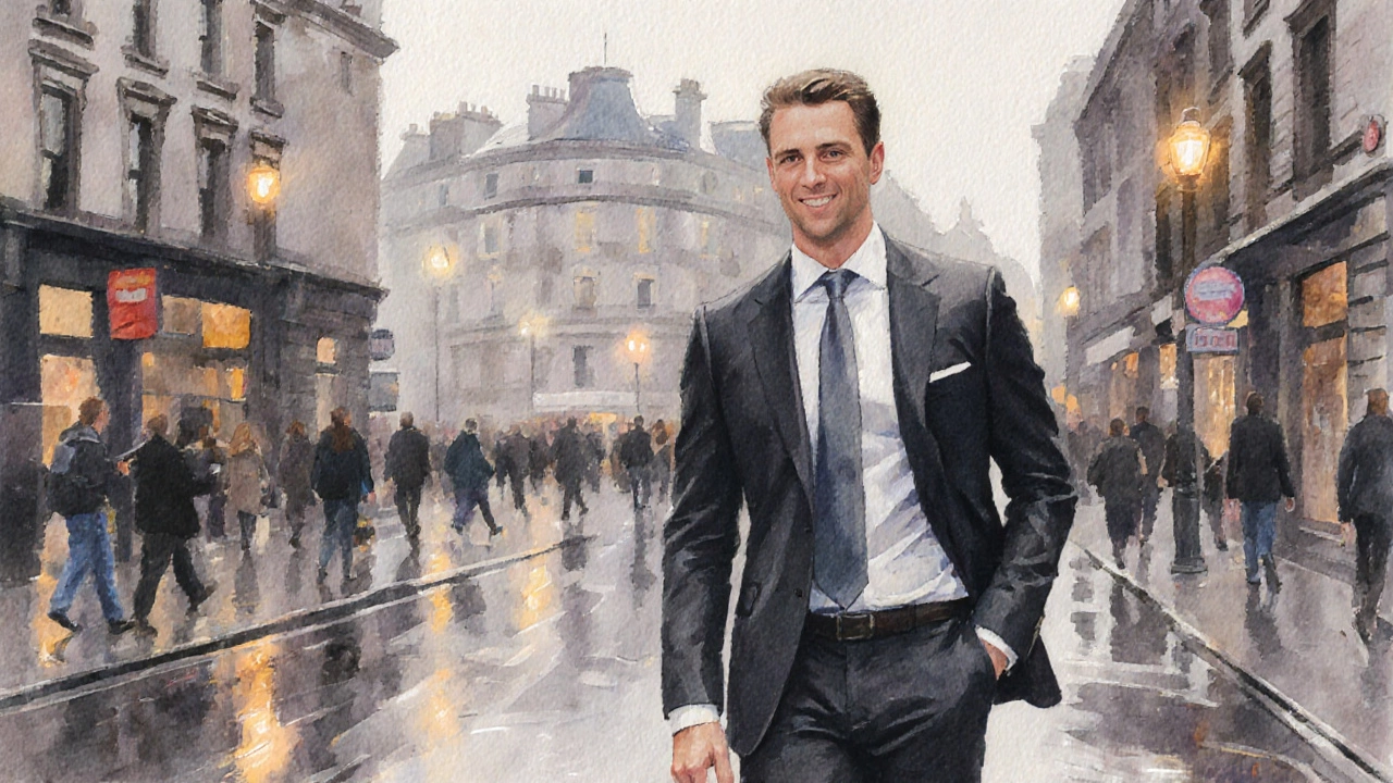 Man in a perfectly fitted suit strolling down Grafton Street, Dublin.