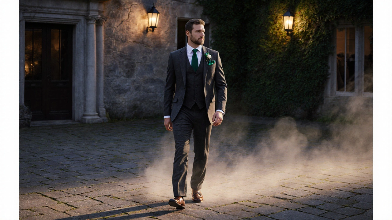 Man in charcoal suit walking through Adare Manor courtyard with green pocket square.