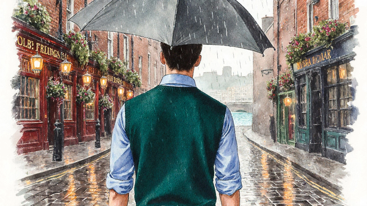 Man in collared shirt and sweater walks through rainy Temple Bar with an umbrella.