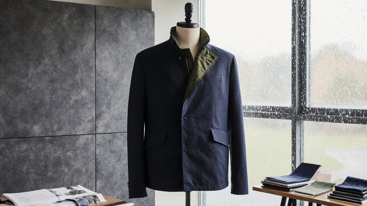 Mannequin in a navy hybrid jacket with olive lining stands in a studio with slate walls and rainy window view.