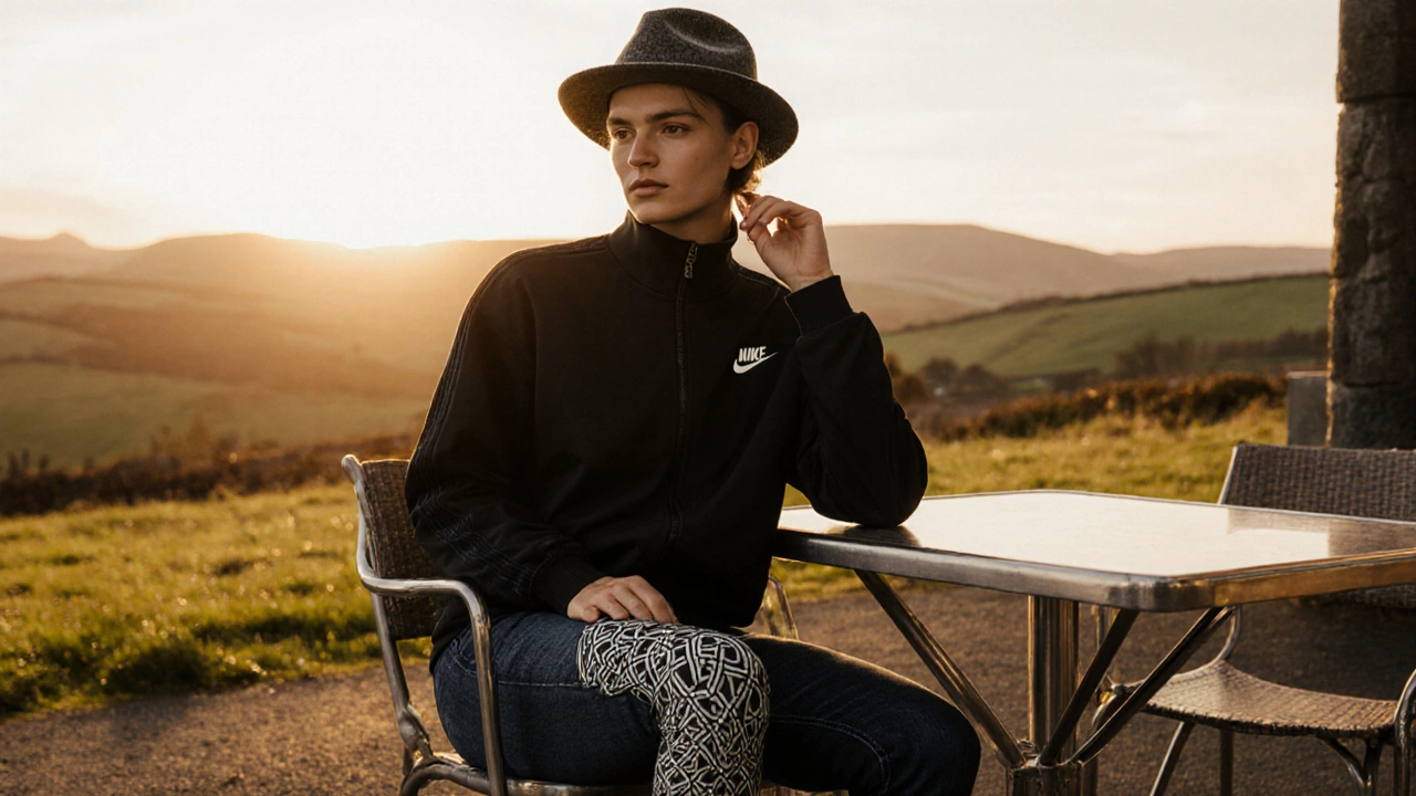 Model mixing a Nike track jacket with denim and Celtic‑ patterned leggings on a patio.