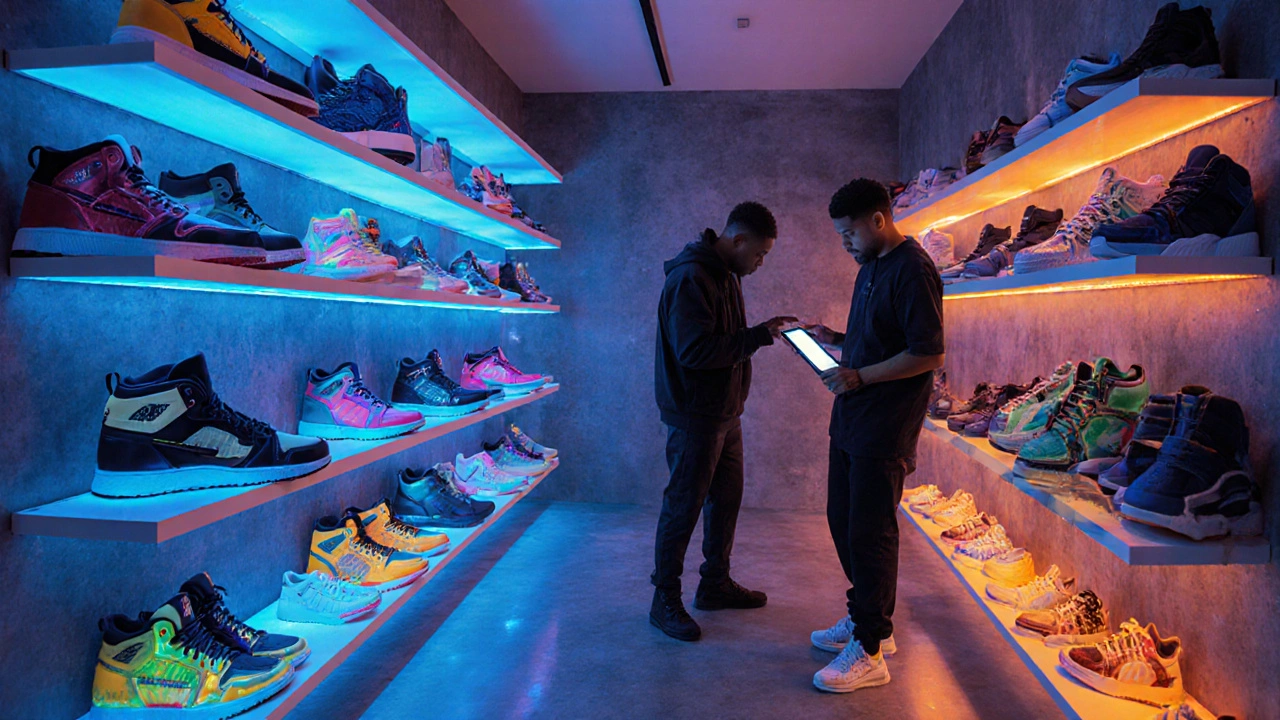 Modern Dublin sneaker boutique interior displaying limited‑edition American shoes under neon lights.