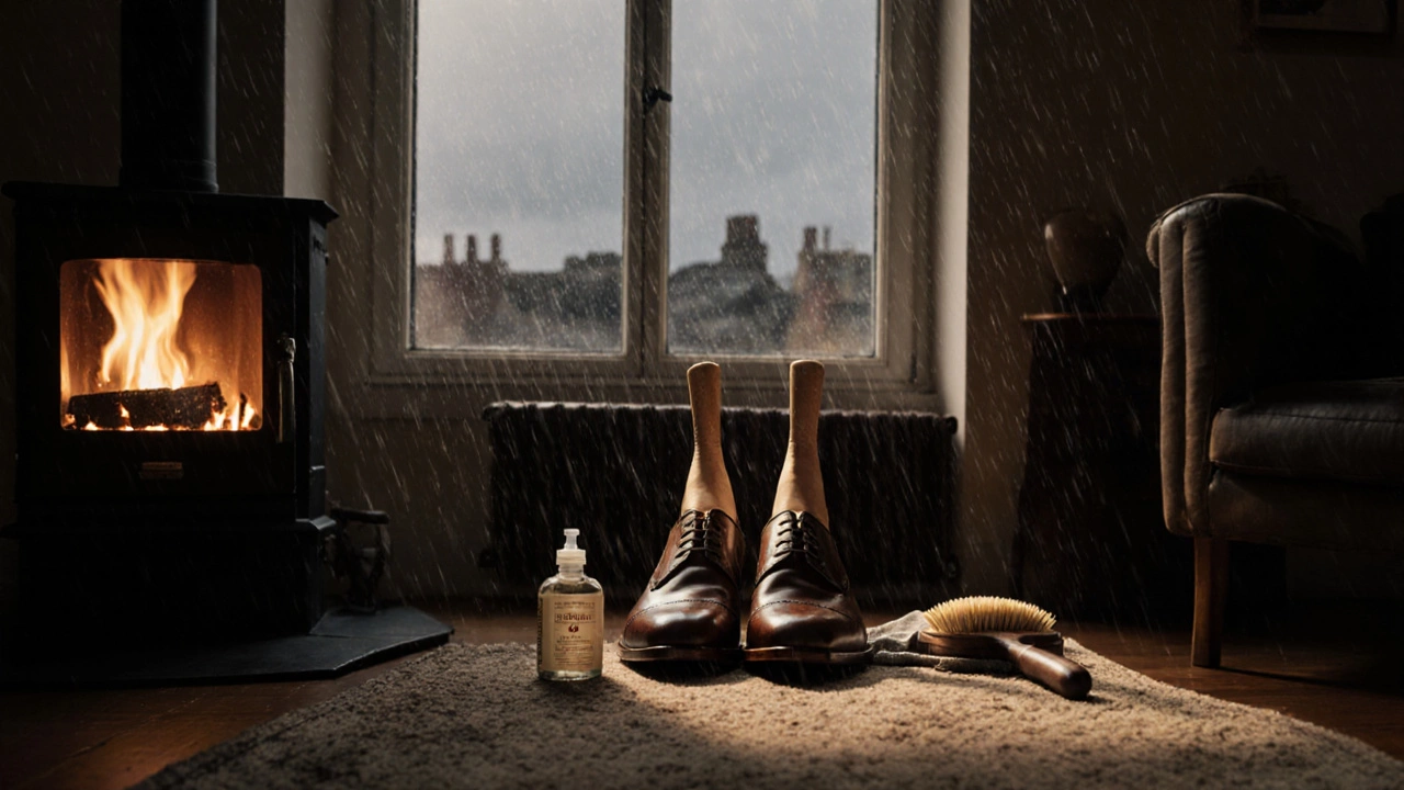 Pair of leather shoes on cedar trees near a fireplace, rain visible outside the window.
