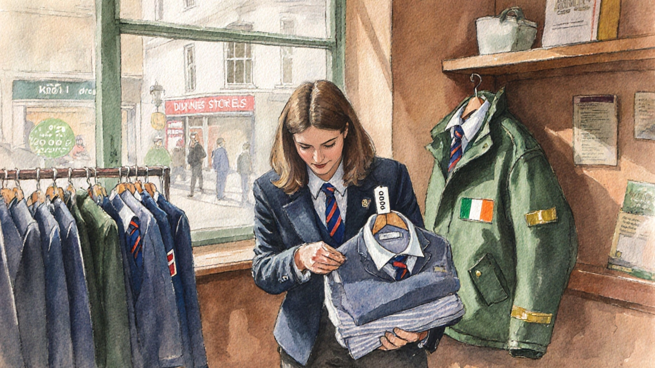 Parent shopping for school uniforms in an Irish store, viewing new and second‑hand items.
