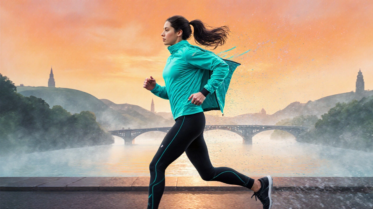 Runner in bright activewear jogging along the misty Grand Canal at sunrise.