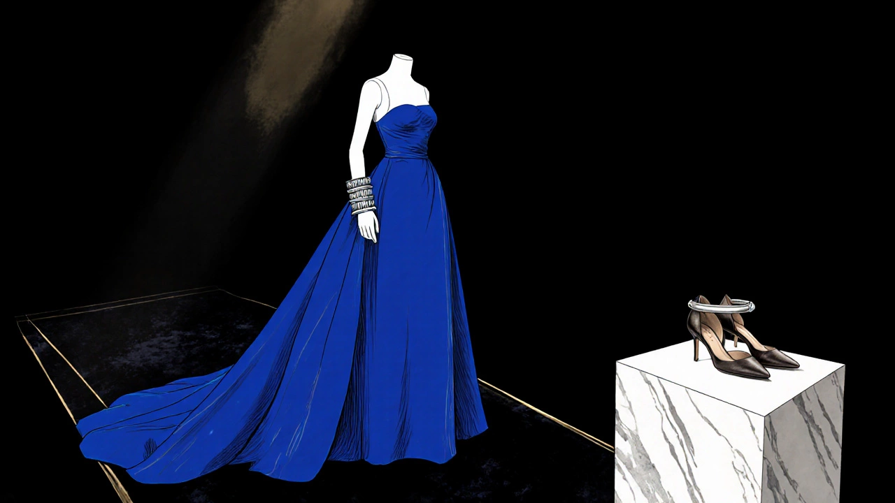 Sapphire A‑line ball gown displayed with a single cuff and heel on a runway.