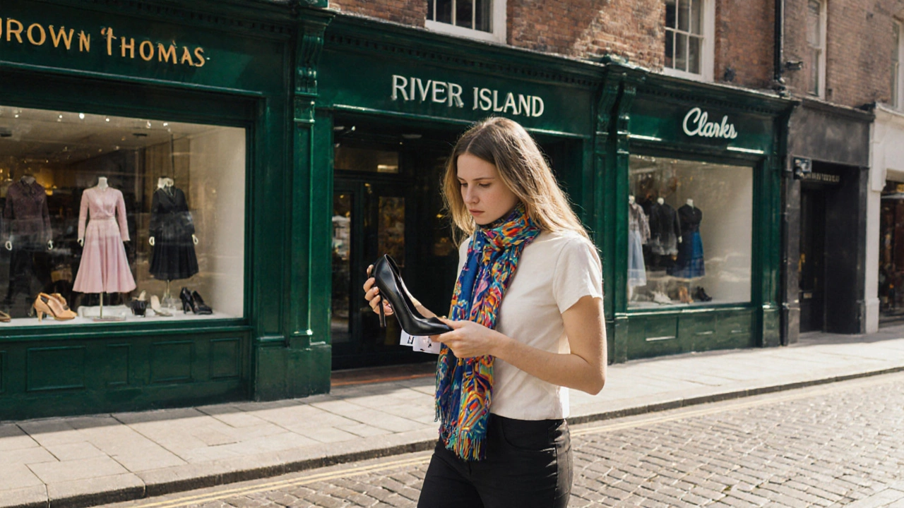 Shopper on Dublin's Grafton Street holding UK 6 heels near Brown Thomas, River Island, and Clarks storefronts.