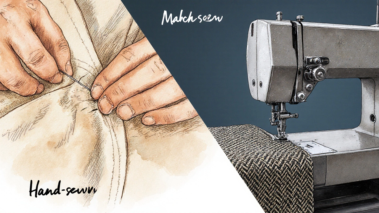 Split illustration showing hand‑sewing a linen jacket versus machine‑sewing tweed.