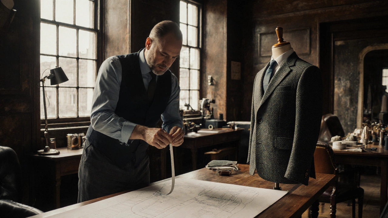 Tailor measuring a client and stitching a bespoke jacket in a Dublin tailoring studio.