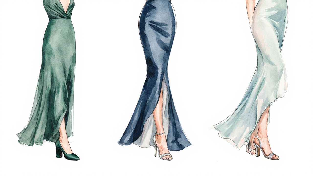 Three dress silhouettes with different shoes showing varying levels of shoe visibility.