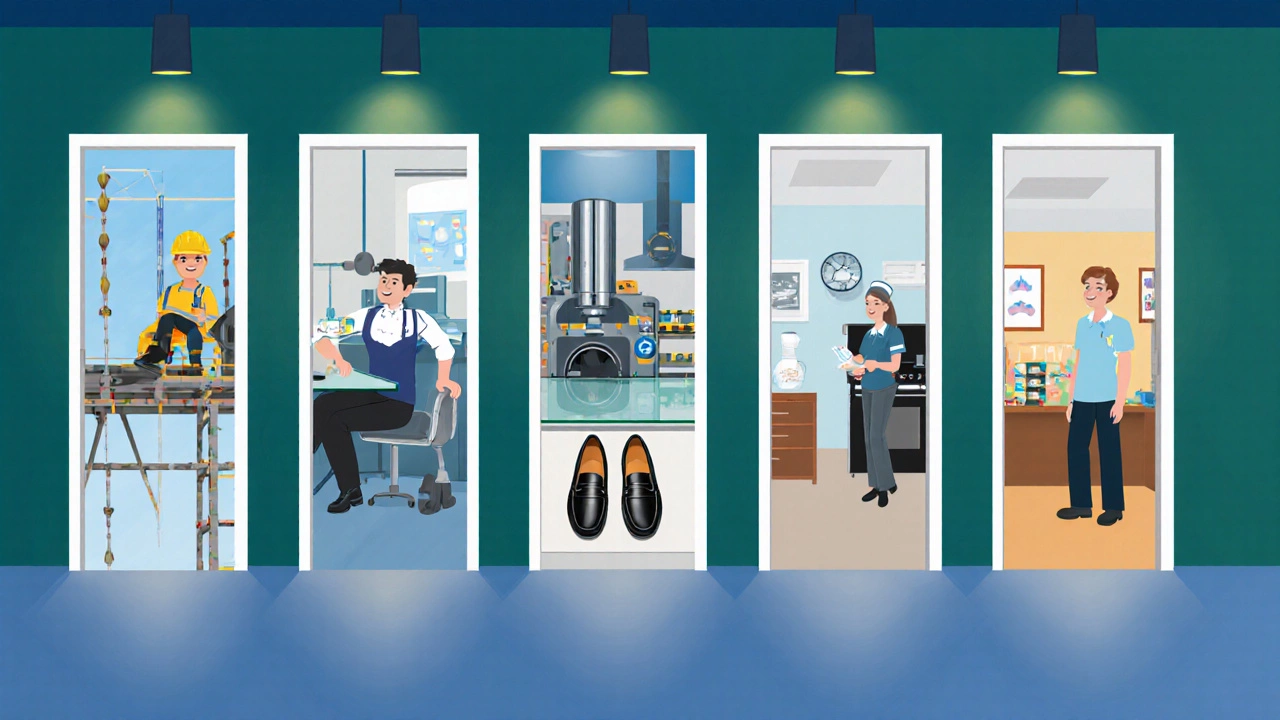 Various Irish work environments displayed with workers wearing sector-specific approved footwear.
