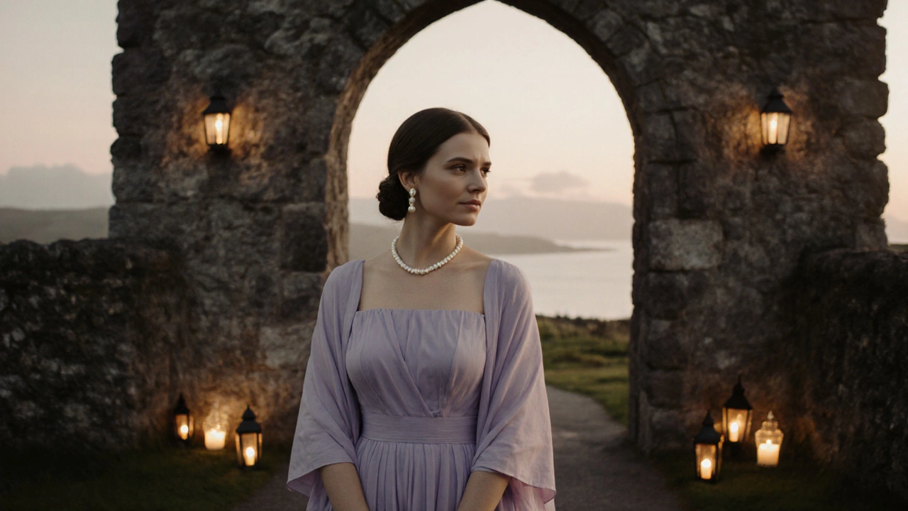 Woman in a lilac crepe dress with shawl at a castle wedding at dusk.