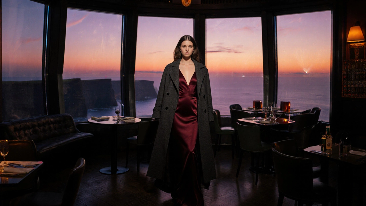 Woman in burgundy dress with charcoal coat at Guinness Storehouse, sunset over cliffs visible.