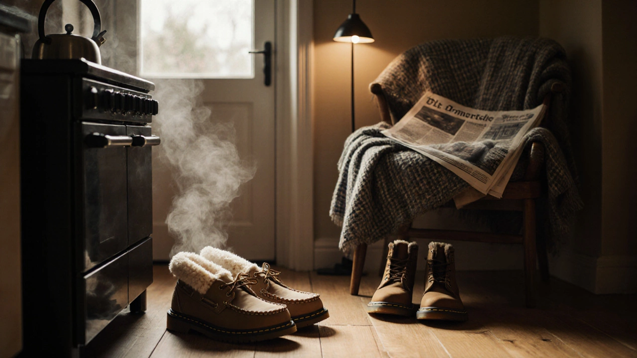 A pair of wool slippers by a kitchen door in an Irish home, steam rising from a kettle, soft golden light.
