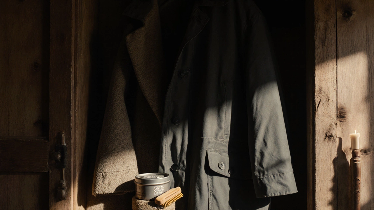 An ancestral Irish jacket hanging in a cottage closet, layered with history and repair tools.
