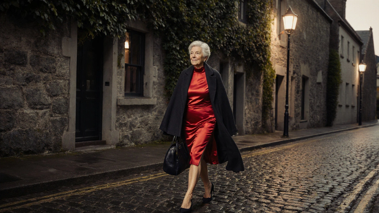 An elegant woman walking down a rainy Kilkenny cobblestone street in a red silk dress and cashmere shawl.