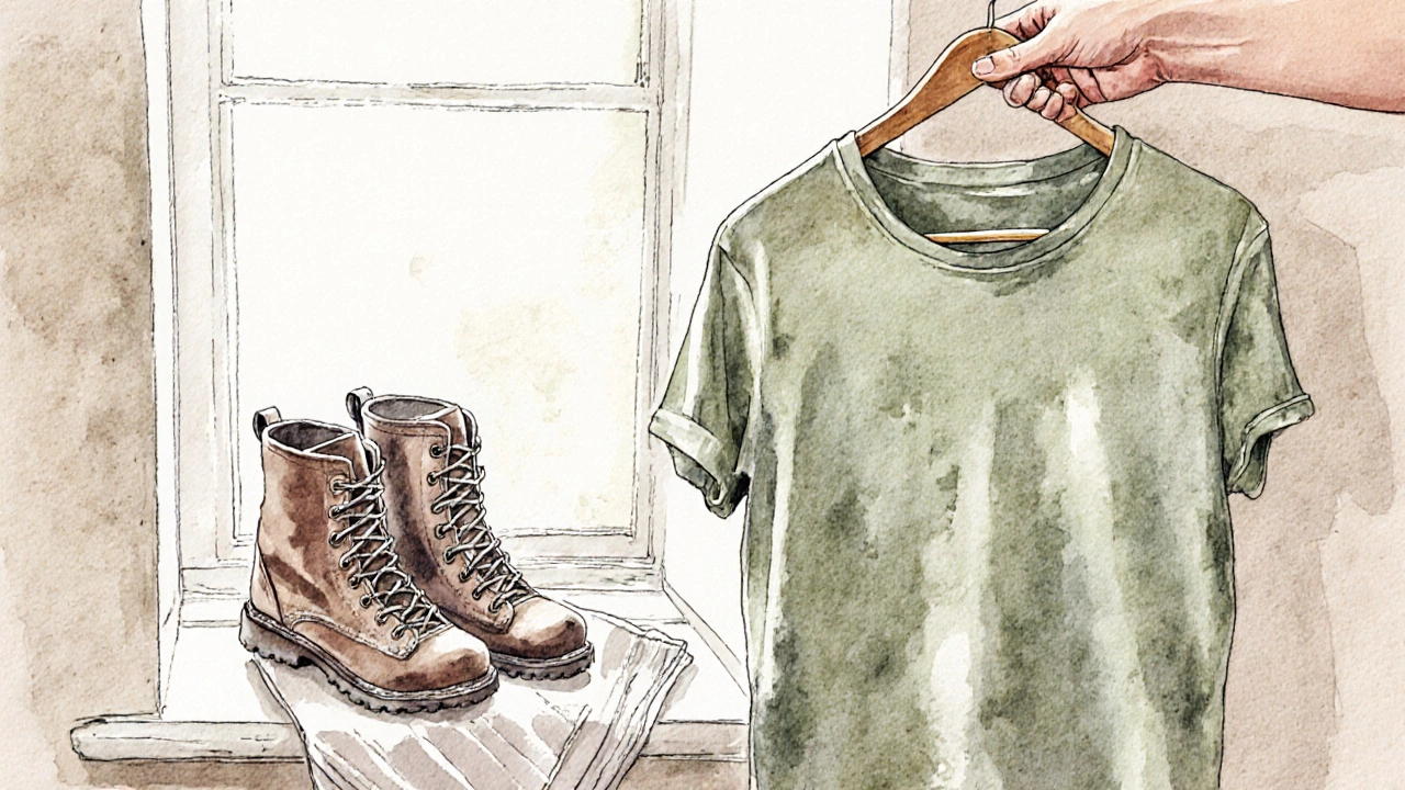 Close-up of an Irish-made organic cotton tee on a wooden hanger with natural light.