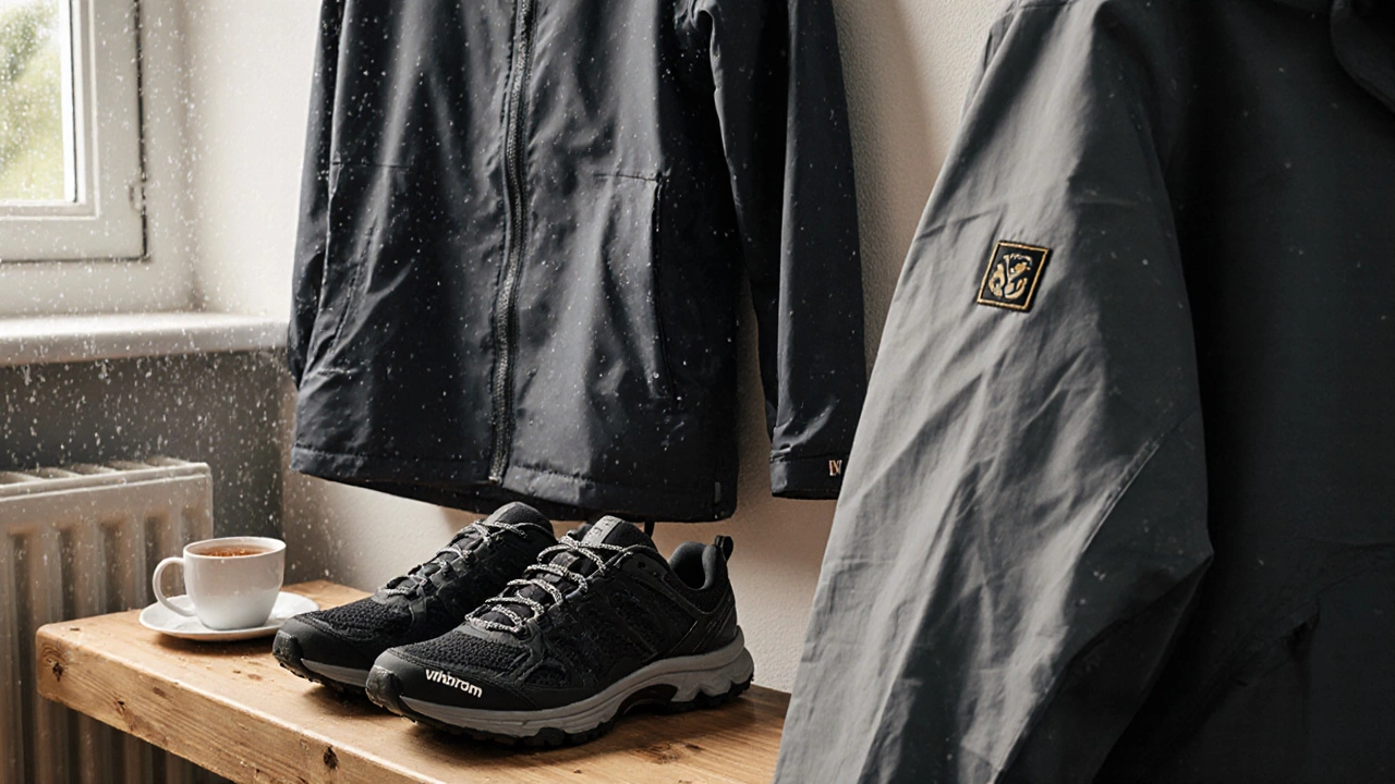 Close-up of merino wool, trail runners, and windproof jacket drying in a damp Irish home.