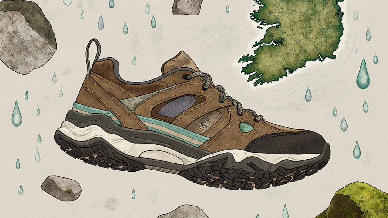 Cross-section of an Irish trainer showing cushioned heel, deep tread sole, and arch support with environmental elements.