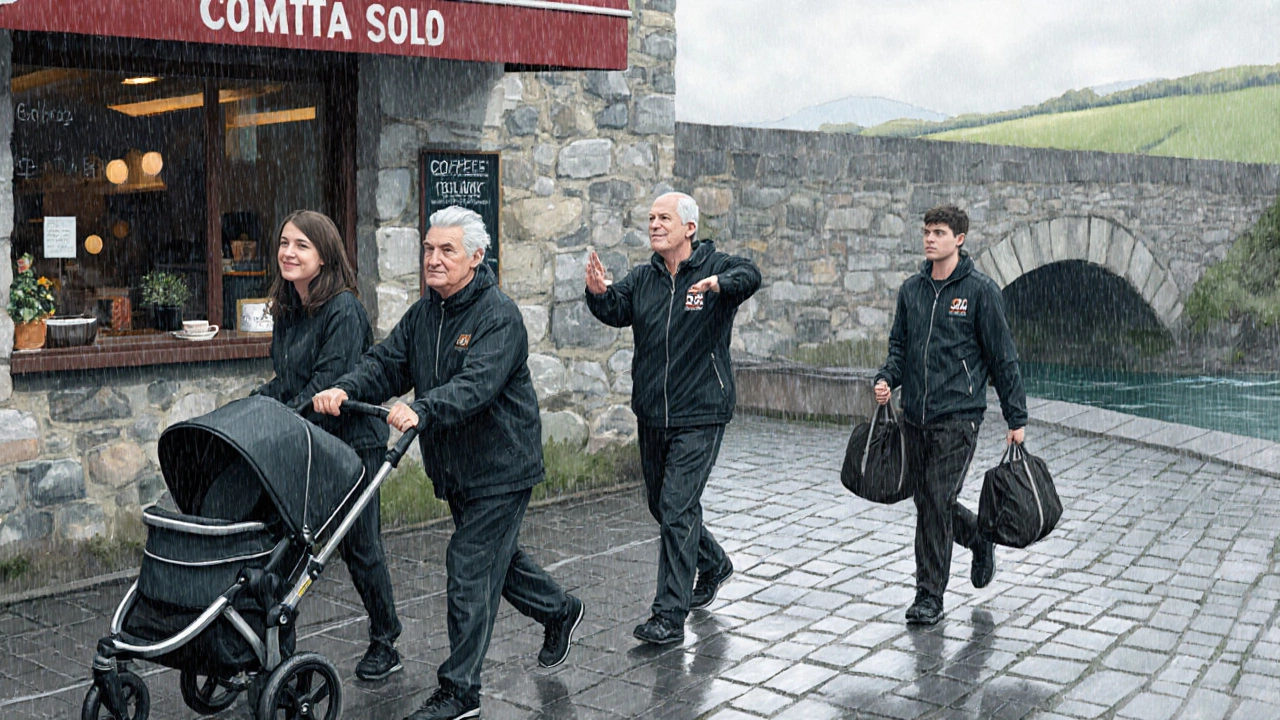 Diverse Irish locals in practical sportswear moving through town and nature in drizzle.
