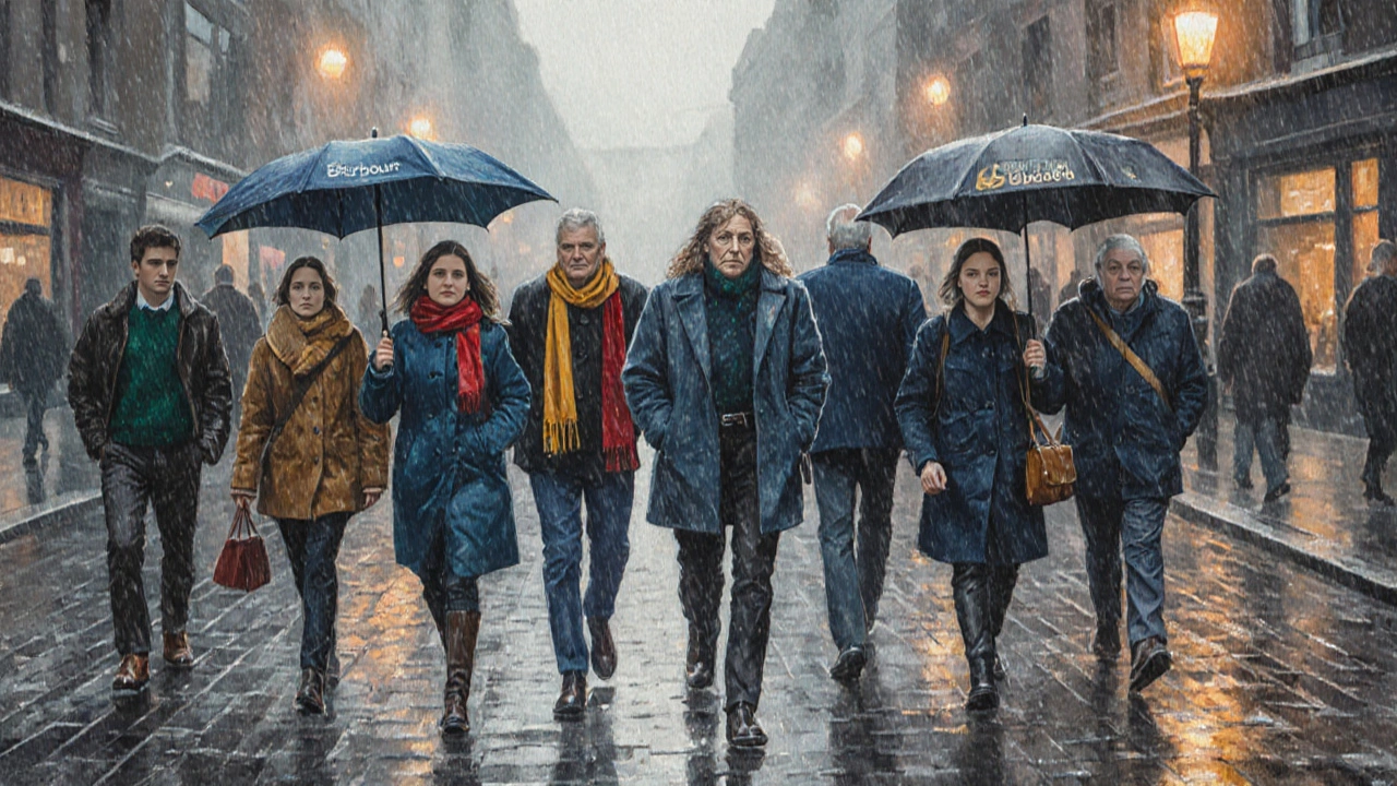 Diverse Irish people walking through a rainy Dublin street, all wearing waterproof jackets.
