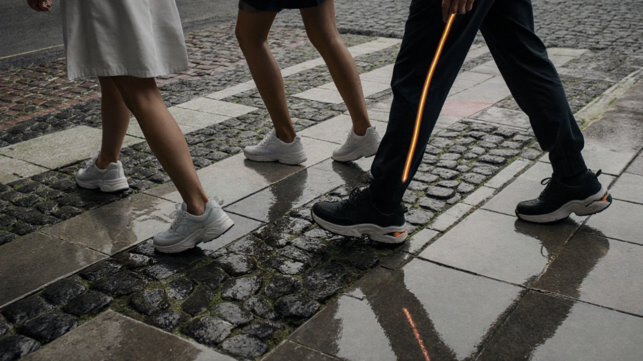 Diverse Irish workers walking together on varied terrain, all wearing supportive elevated trainers in rainy weather.