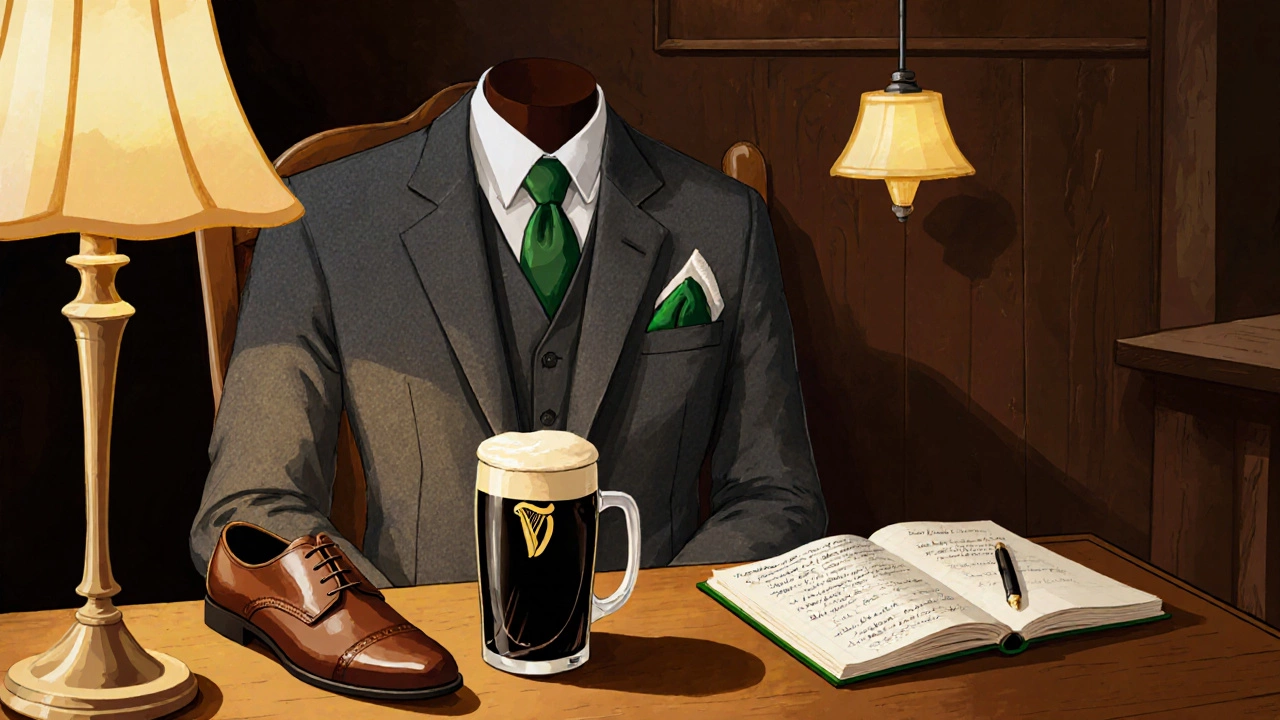 Grey suit on a chair in a Cork pub with green pocket square, Guinness, and notebook under warm lighting.