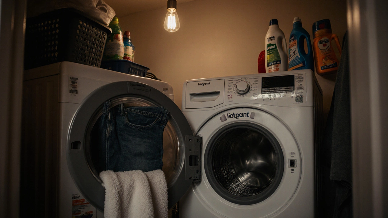 Jeans drying in a tumble dryer on low heat with a towel beside them in an Irish laundry room.