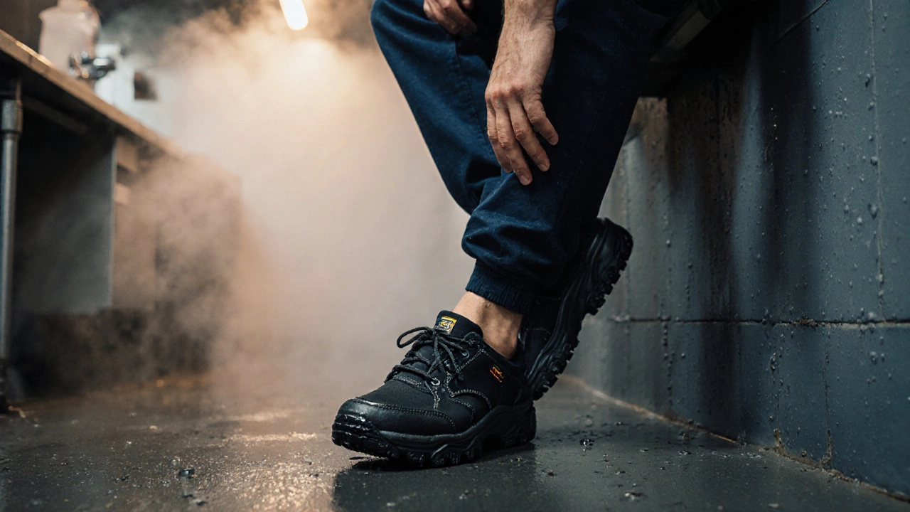 Kitchen porter in Galway leaning against a wall, wearing slip-resistant work shoes on a wet kitchen floor.