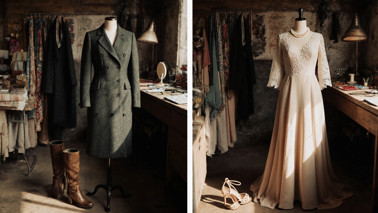 Side-by-side display of a cocktail dress and evening gown in an Irish tailor&#039;s workshop.